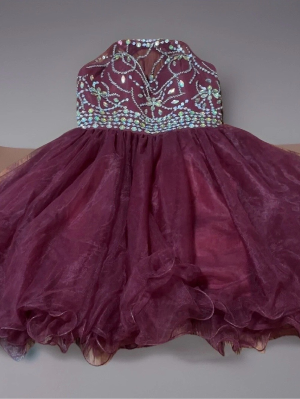 Girls' Wine-Colored Beaded Tulle Party Dress